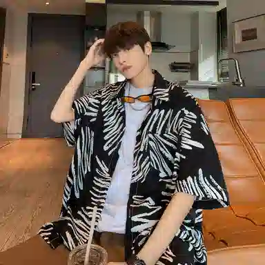 冰飞 美式复古时尚个性冰丝凉感亲肤透气夏威夷风沙滩半袖衬衣服潮牌潮流短袖条纹花衬衫 男女同款