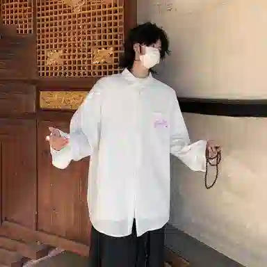 冰飞 美式复古高街时尚个性创意蜡笔手绘字母图案印花宽松休闲翻领长袖衬衣服嘻哈街头无性别主义白色衬衫 男女同款