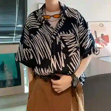 冰飞 美式复古时尚个性冰丝凉感亲肤透气夏威夷风沙滩半袖衬衣服潮牌潮流短袖条纹花衬衫 男女同款