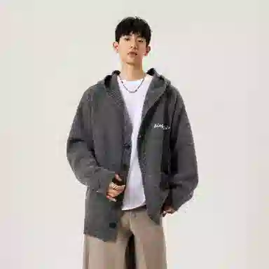 冰飞 美式复古单排扣小众设计字母懒惰风宽松休闲柔软亲肤开衫连帽上衣外套潮牌纯色简约基础款毛衣高级感时尚帽衫针织衫 男女同款