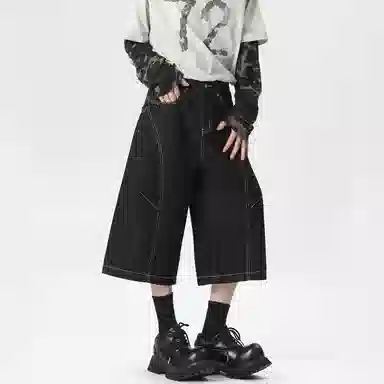 冰飞 美式复古高级感解构线条拼接简约基础款宽松休闲舒适七分潮牌潮流高街小众牛仔短裤 男女同款 原牛黑