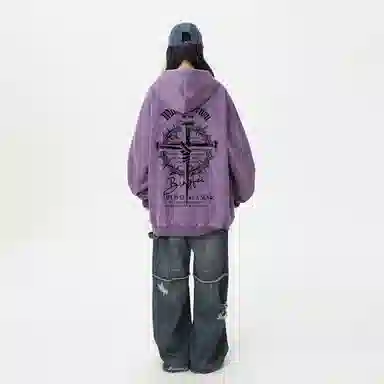 冰飞 美式复古潮流创意手绘废土风十字架图案字母印花宽松休闲舒适水洗做旧工艺上衣服嘻哈街头潮牌潮流百搭重磅长袖连帽卫衣 男女同款