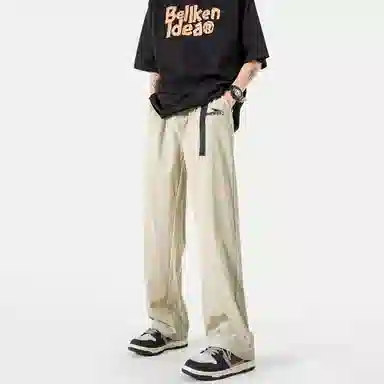 冰飞 美式复古无性别主义风个性手绘创意几何图案字母印花裤腰带宽松百搭显瘦简约冰丝空调裤基础款凉感休闲裤 男女同款