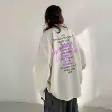 冰飞 美式复古高街时尚个性创意蜡笔手绘字母图案印花宽松休闲翻领长袖衬衣服嘻哈街头无性别主义白色衬衫 男女同款