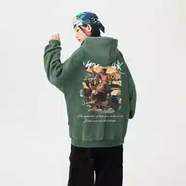 冰飞 美式复古嘻哈街头个性灵感创意撕裂感西方人物油画图案印花宽松休闲高级感水洗做旧上衣服重磅时尚百搭连帽卫衣 男女同款