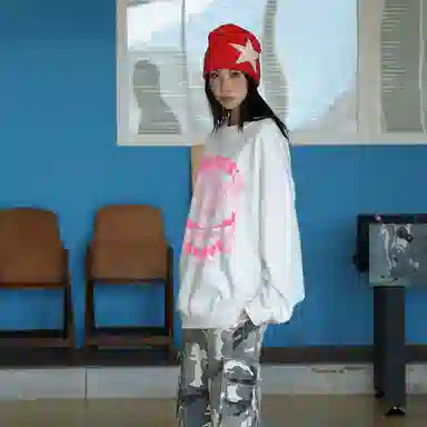 冰飞 美式复古高街创意趣味涂鸦卡通人物字母图案印花宽松舒适圆领套头落肩重磅卫衣 男女同款