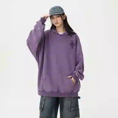 冰飞 美式复古潮流创意手绘废土风十字架图案字母印花宽松休闲舒适水洗做旧工艺上衣服嘻哈街头潮牌潮流百搭重磅长袖连帽卫衣 男女同款