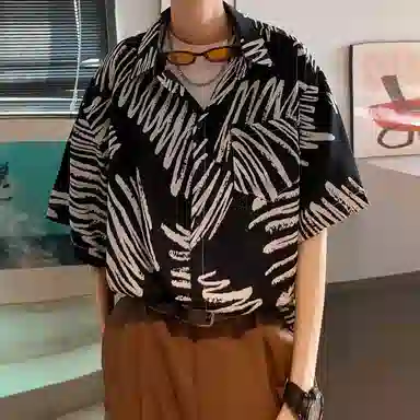 冰飞 美式复古时尚个性冰丝凉感亲肤透气夏威夷风沙滩半袖衬衣服潮牌潮流短袖条纹花衬衫 男女同款