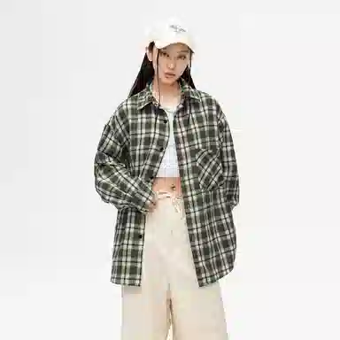 冰飞 美式复古港风日系格纹简约工装口袋上衣外套美拉德色慵懒感学院风叠穿外穿宽松休闲垂感显瘦翻领单排扣长袖条纹衬衫 男女同款