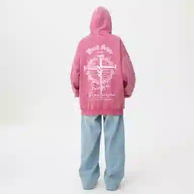 冰飞 美式复古潮流创意手绘废土风十字架图案字母印花宽松休闲舒适水洗做旧工艺上衣服嘻哈街头潮牌潮流百搭重磅长袖连帽卫衣 男女同款