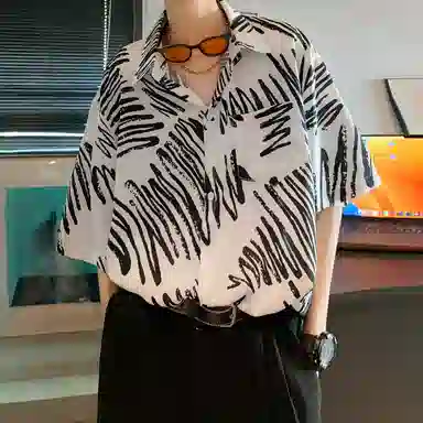 冰飞 美式复古时尚个性冰丝凉感亲肤透气夏威夷风沙滩半袖衬衣服潮牌潮流短袖条纹花衬衫 男女同款