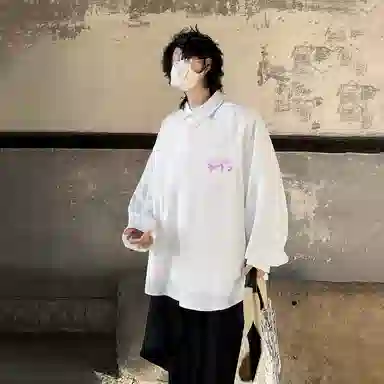 冰飞 美式复古高街时尚个性创意蜡笔手绘字母图案印花宽松休闲翻领长袖衬衣服嘻哈街头无性别主义白色衬衫 男女同款