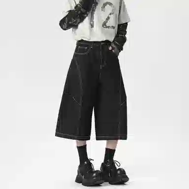 冰飞 美式复古高级感解构线条拼接简约基础款宽松休闲舒适七分潮牌潮流高街小众牛仔短裤 男女同款 原牛黑