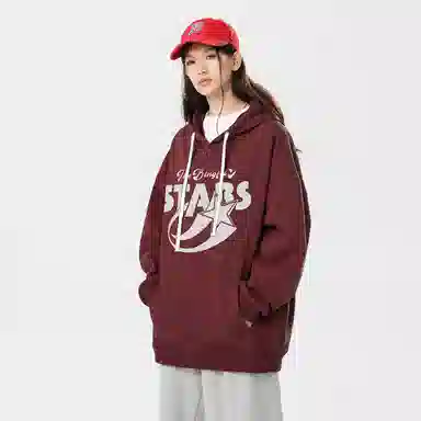 冰飞 美式复古学院风趣味星星字母图案印花宽松休闲落肩套头潮牌痞帅设计高级感小众硬挺重磅加绒加厚连帽卫衣 男女同款