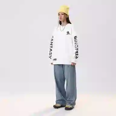 冰飞 美式复古高街创意趣味卡通动漫图案双臂字母印花宽松休闲舒适圆领套头秋衣服嘻哈街头学院风时尚重磅长袖卫衣 男女同款