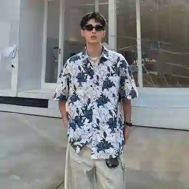 冰飞 日系复古花卉夏威夷轻薄宽松翻领短袖衬衫 男女同款