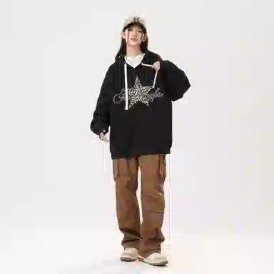 冰飞 美式时尚小众设计感百搭连帽慵懒风豹纹星星印花御寒保暖加绒加厚套头重磅上衣卫衣 男女同款