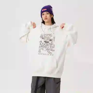 冰飞 美式嘻哈街头风复古民族风花型趣味年画印花宽松外套百搭重磅加绒加厚套头连帽卫衣 秋冬款 男女同款 加绒款/常规款可选