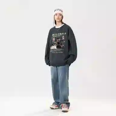 冰飞 美式高街复古学院风创意趣味搞怪风可爱狗狗图案字母印花宽松休闲舒适圆领落肩套头上衣服无性别主义重磅长袖卫衣 男女同款
