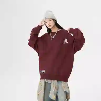 冰飞 美式复古高街创意趣味卡通动漫图案双臂字母印花宽松休闲舒适圆领套头秋衣服嘻哈街头学院风时尚重磅长袖卫衣 男女同款