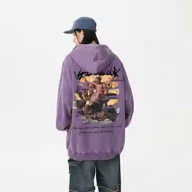 冰飞 美式复古嘻哈街头个性灵感创意撕裂感西方人物油画图案印花宽松休闲高级感水洗做旧上衣服重磅时尚百搭连帽卫衣 男女同款