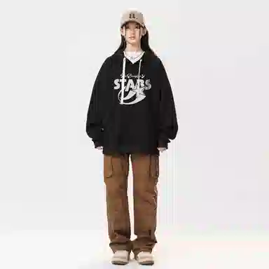 冰飞 美式复古学院风趣味星星字母图案印花宽松休闲落肩套头潮牌痞帅设计高级感小众硬挺重磅加绒加厚连帽卫衣 男女同款
