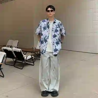 冰飞 日系复古花卉夏威夷轻薄宽松翻领短袖衬衫 男女同款
