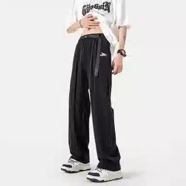 冰飞 美式复古无性别主义风个性手绘创意几何图案字母印花裤腰带宽松百搭显瘦简约冰丝空调裤基础款凉感休闲裤 男女同款