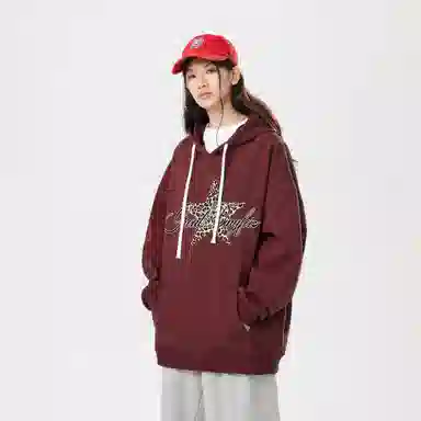 冰飞 美式时尚小众设计感百搭连帽慵懒风豹纹星星印花御寒保暖加绒加厚套头重磅上衣卫衣 男女同款