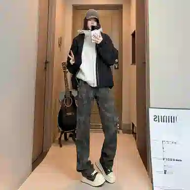 冰飞 美式复古高街宽松休闲舒适高级感口袋设计潮牌潮流牛仔裤 男女同款 迷彩色