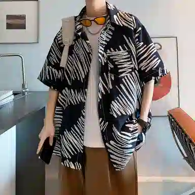 冰飞 美式复古时尚个性冰丝凉感亲肤透气夏威夷风沙滩半袖衬衣服潮牌潮流短袖条纹花衬衫 男女同款