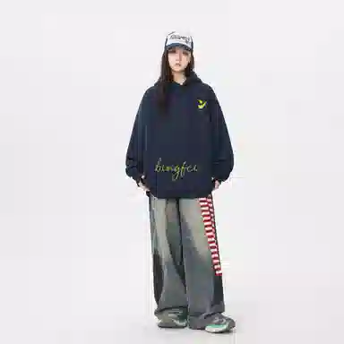 冰飞 美式复古高级感简约基础款创意手绘字母图案发泡印花高街潮牌外套学院风小众设计感高克重磅连帽卫衣 男女同款