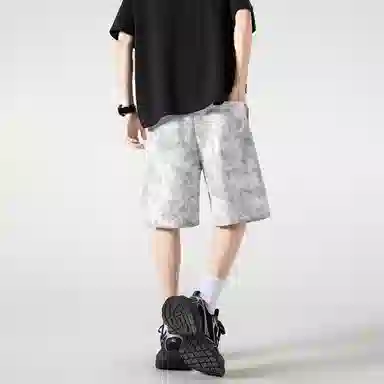 冰飞 美式高街复古潮流创意手绘海岛椰子树风景图案字母印花时尚个性扎染脏脏运动篮球五分马裤宽松直筒休闲短裤 男女同款