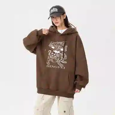 冰飞 美式嘻哈街头风复古民族风花型趣味年画印花宽松外套百搭重磅加绒加厚套头连帽卫衣 秋冬款 男女同款 加绒款/常规款可选