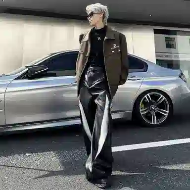 冰飞 美式机车服春秋纽扣装饰宽松痞帅无性别主义时尚户外机能皮衣 男女同款