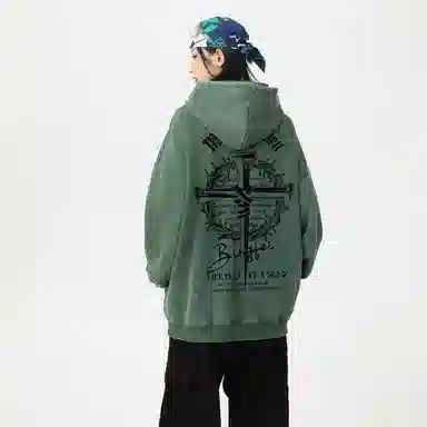 冰飞 美式复古潮流创意手绘废土风十字架图案字母印花宽松休闲舒适水洗做旧工艺上衣服嘻哈街头潮牌潮流百搭重磅长袖连帽卫衣 男女同款