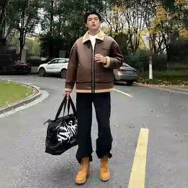 冰飞 韩系加厚加绒美式机车服高街学院风设计感撞色宽松潮牌无性别户外休闲百搭保暖纯色翻领棉服 男女同款