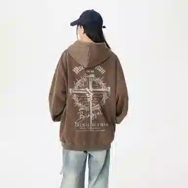 冰飞 美式复古潮流创意手绘废土风十字架图案字母印花宽松休闲舒适水洗做旧工艺上衣服嘻哈街头潮牌潮流百搭重磅长袖连帽卫衣 男女同款