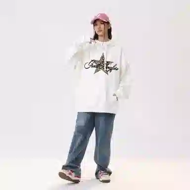冰飞 美式时尚小众设计感百搭连帽慵懒风豹纹星星印花御寒保暖加绒加厚套头重磅上衣卫衣 男女同款
