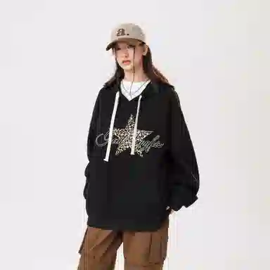 冰飞 美式时尚小众设计感百搭连帽慵懒风豹纹星星印花御寒保暖加绒加厚套头重磅上衣卫衣 男女同款