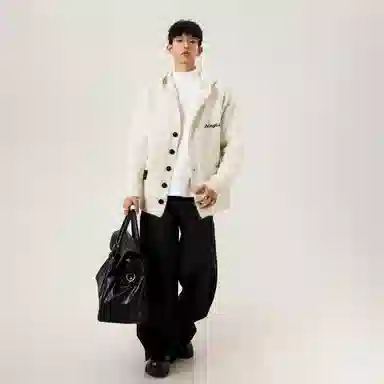 冰飞 美式复古单排扣小众设计字母懒惰风宽松休闲柔软亲肤开衫连帽上衣外套潮牌纯色简约基础款毛衣高级感时尚帽衫针织衫 男女同款