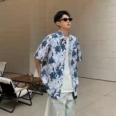 冰飞 日系复古花卉夏威夷轻薄宽松翻领短袖衬衫 男女同款