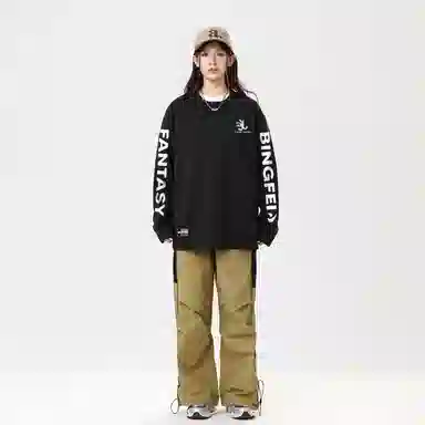 冰飞 美式复古高街创意趣味卡通动漫图案双臂字母印花宽松休闲舒适圆领套头秋衣服嘻哈街头学院风时尚重磅长袖卫衣 男女同款