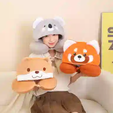 蒙小仔 卡通可爱小熊猫帽子考拉水獭可爱帽子一体保暖 陪伴安抚 玩偶周边