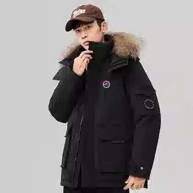 雅鹿 连帽中长款百搭羽绒服 男女同款 黑色