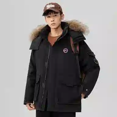 雅鹿 连帽中长款百搭羽绒服 男女同款 黑色