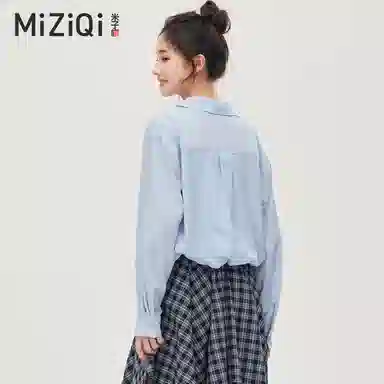 米子旗 蓝色蕾丝花边长袖衬衫 女款