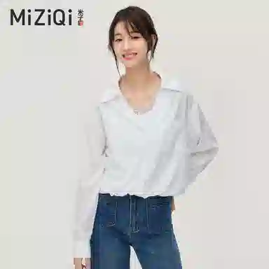 米子旗 蓝色蕾丝花边长袖衬衫 女款