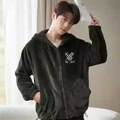 小情歌 家居服睡衣 珊瑚绒保暖睡衣男秋冬家居服男冬季长袖长裤男士连帽小熊耳朵家居套装 男款 黑色