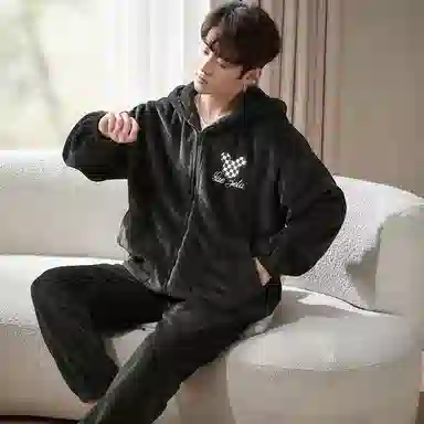 小情歌 家居服睡衣 珊瑚绒保暖睡衣男秋冬家居服男冬季长袖长裤男士连帽小熊耳朵家居套装 男款 黑色